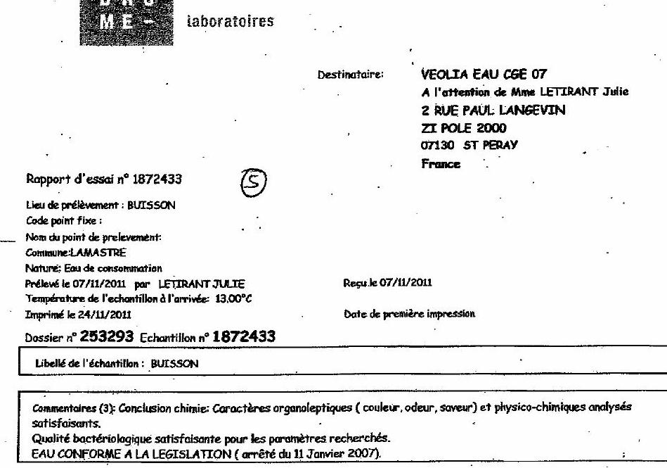 analyse eau 7 déc 2011 buisson