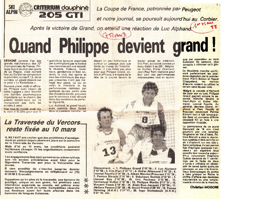 PHILIPPE GRAND trophée GTI ski 1985 F