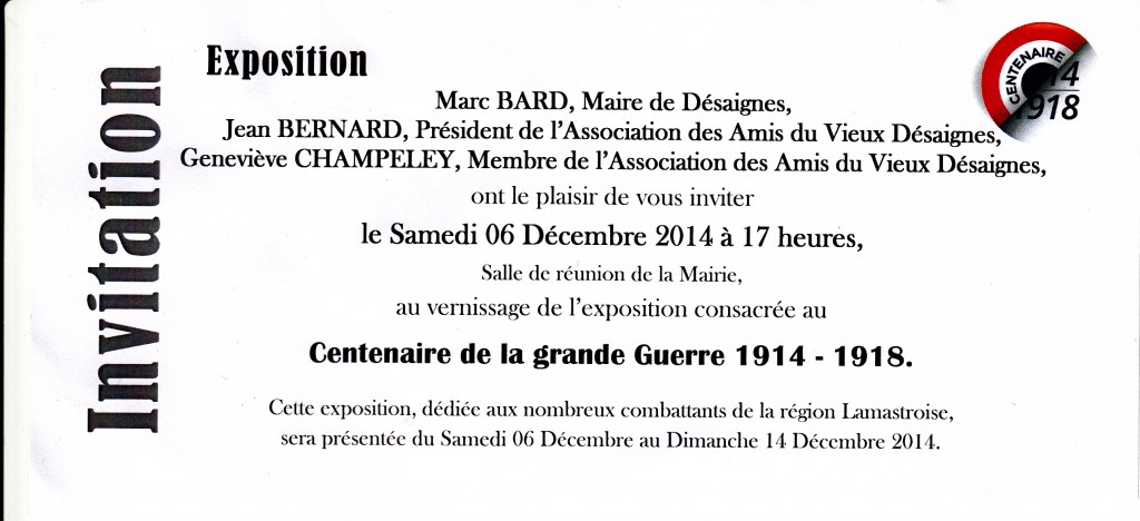 Invitation EXPO GUERRE 14 18 Desaignes