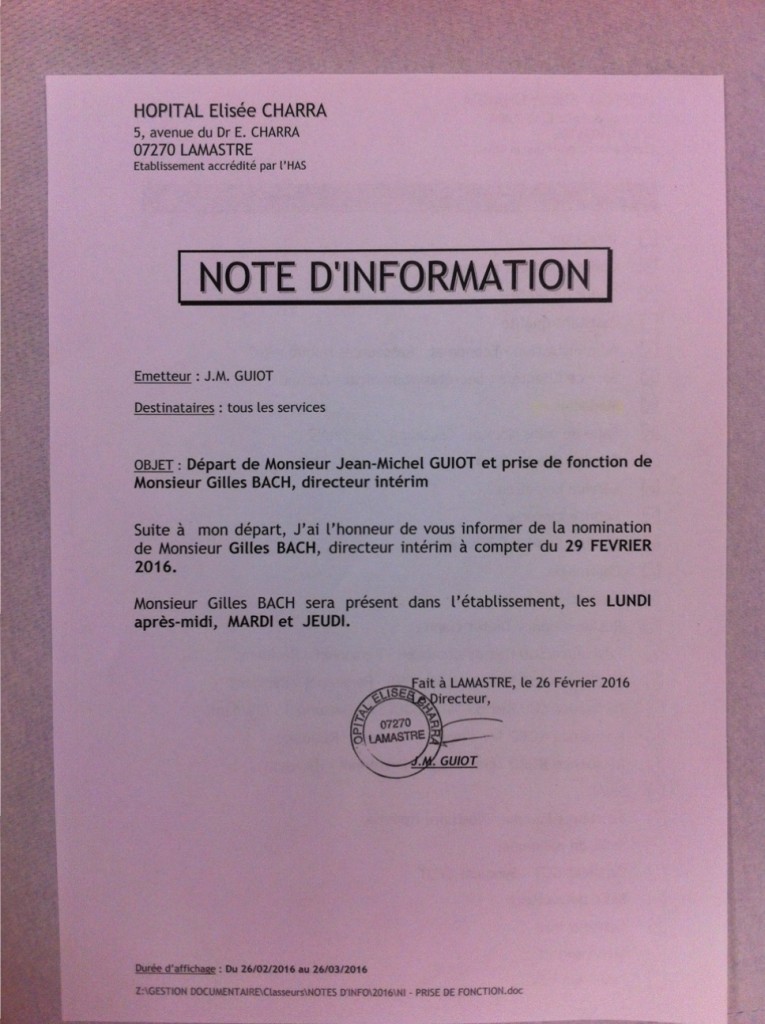 HOPITAL lamastre départ directeur