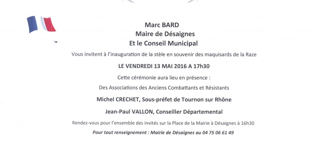 plaque inauguration maquis de la Raze invitation marc bard