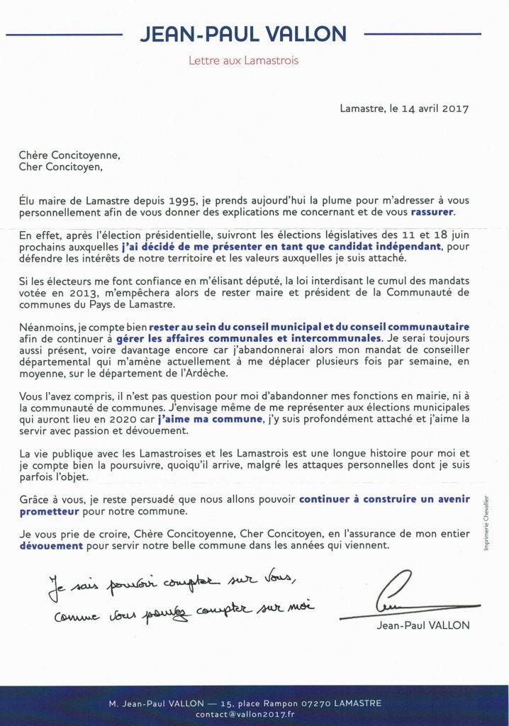 lettre lamastrois j p vallon legislatives