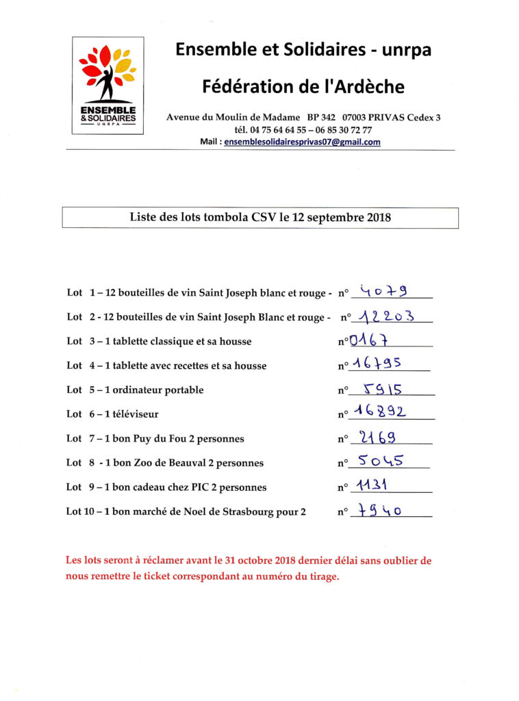 Resultat tombola Comité 12 sept 2018 UNRPA LAMASTRE