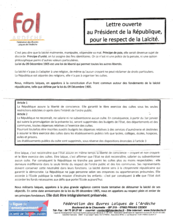 lettre ouverte laicité president