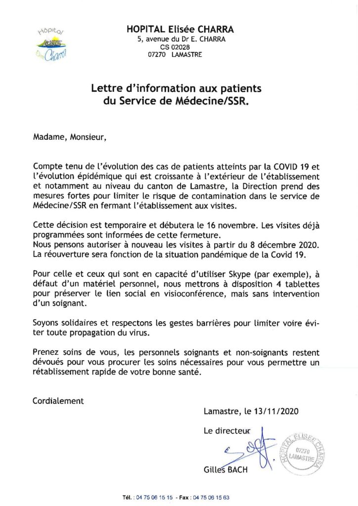 Lettre d info aux patients 13 11 2020 hopital lamastre covid