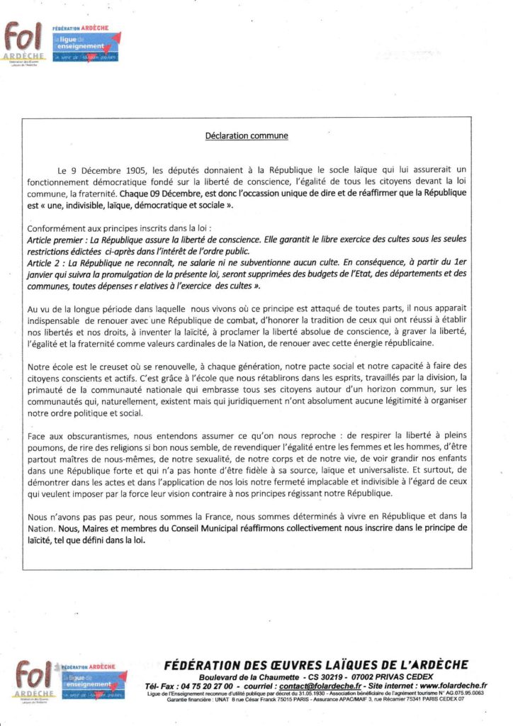 declaration commune laicité 1905 2020