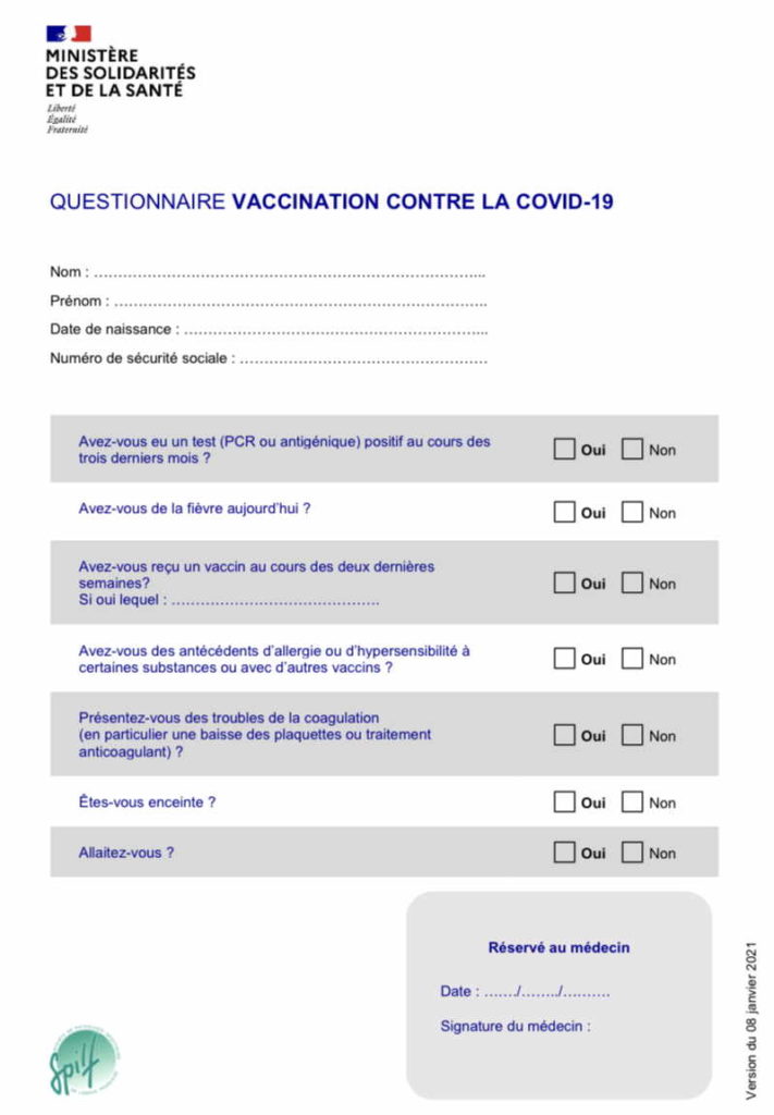 QUESTIONNAIRE PREVACCINATION CONTRE LA COVID