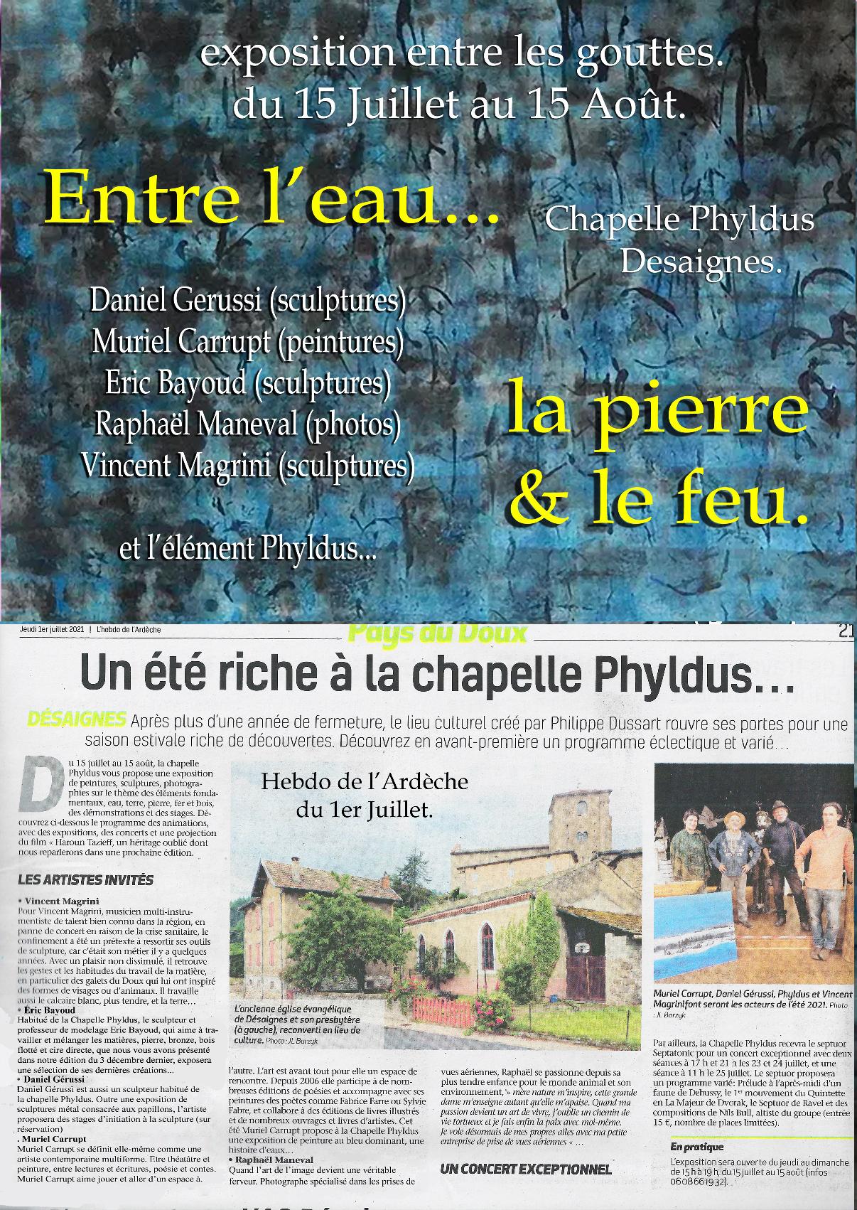 expostion entre gouttes eau pierre feu chapelle phyldus desaignes